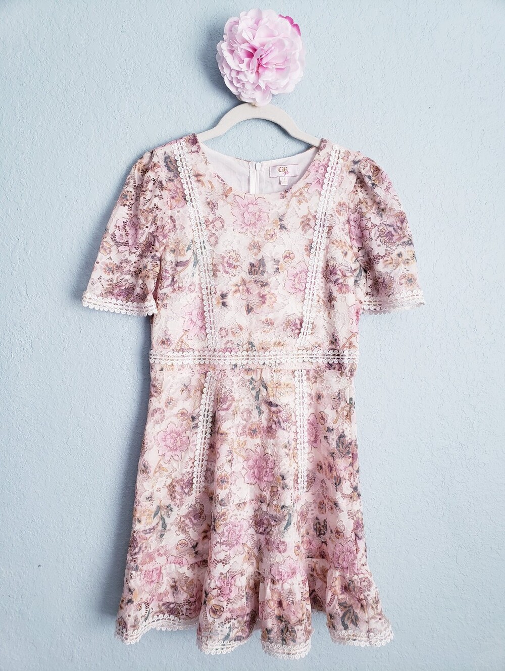 Gianni Bini Girls Pink & Cream Floral Lace Trim Ruffle Dress